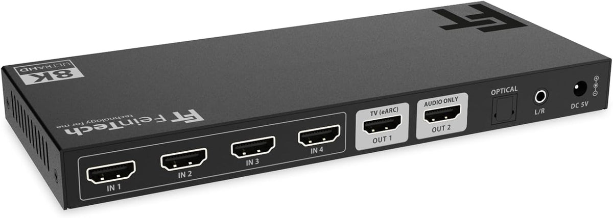 FeinTech SW411 HDMI 2.1 Switch 4-in-1 Out met audio-extractor voor geluidssystemen met HDMI-, Toslink- en AUX-ingang, ondersteunt 4K 120Hz & 8K