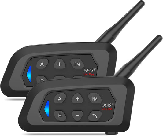 EJEAS V4 Plus Motorcycle Intercom, Motorcycle Helmet, Bluetooth 5.1 Headset with FM and CVC Noise Cancellation, Good Sound Quality and Stable Connection for 4 People, Full Duplex Intercom (2 Pack)