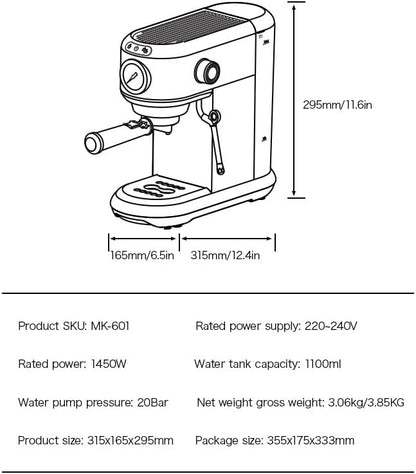 CAFELFFE MK-601 20-bar espressomachine met melkopschuimer en manometer, warm-/koudfunctie, 1450 W snelzetvermogen, 2-in-1 machine, compatibel met gemalen koffie en 44 mm ESE-pads