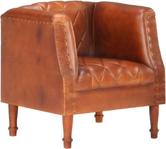 Fauteuil Bruin Echt Geitenleer – Loungestoel – Televisiestoel – Relaxstoel – Bureaustoel – Massief Mangohouten Poten – Extra Dikke Voering
