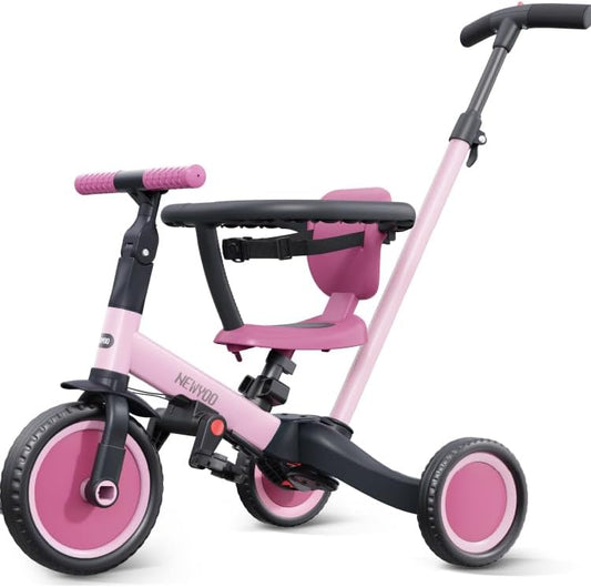 newyoo Driewieler voor 1-3 jaar, peuterfiets voor jongens en meisjes, driewieler voor peuters met ouder-schuifgreep, trike met rugleuning en veiligheidsgordel (Rosé)