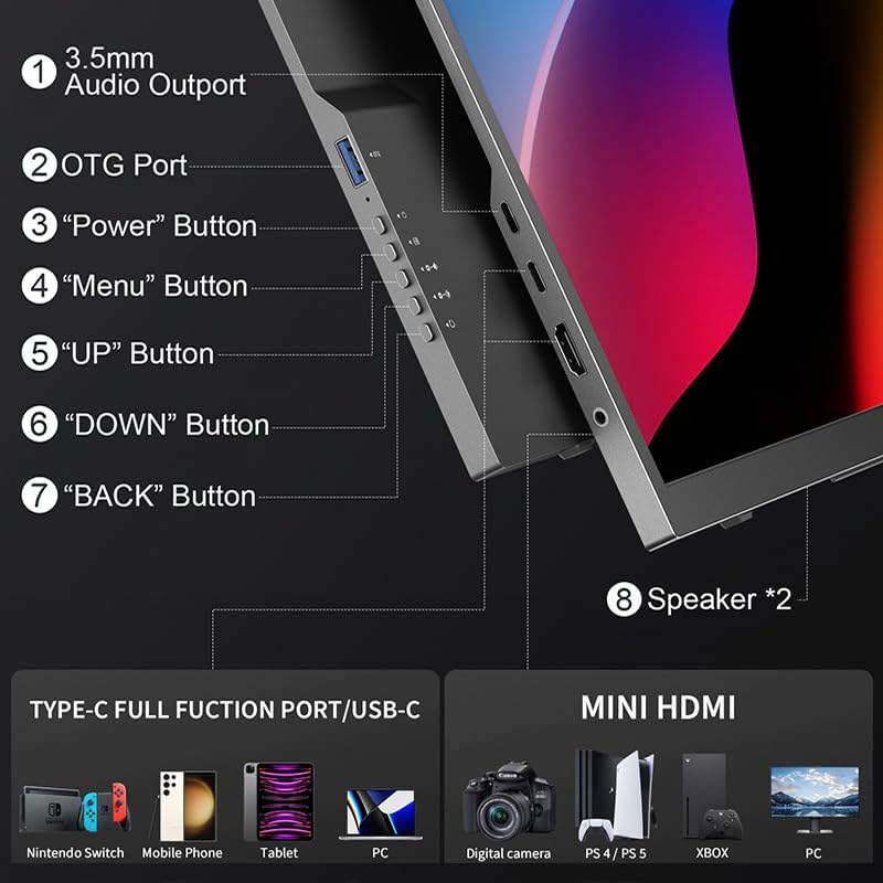 Lipa HDR-80 portable monitor Full HD 18.5 inch - Portable screen - Computer screen - 100 Hz - HDMI - 2x USB C - With sleeve and kickstand - Freesync - 1920 x 1080 pixels - Dual Speakers - QUORE