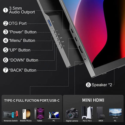 Lipa HDR-80 portable monitor Full HD 18.5 inch - Portable screen - Computer screen - 100 Hz - HDMI - 2x USB C - With sleeve and kickstand - Freesync - 1920 x 1080 pixels - Dual Speakers - QUORE