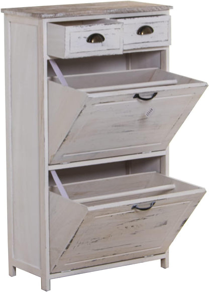 DRW Schoenenkast met 2 deuren en 2 laden van paulownia-hout, antiek wit, 60 x 30 x 107 cm