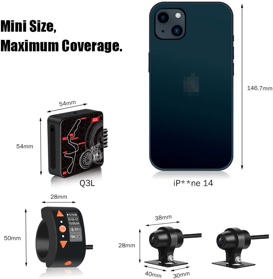 VSYSTO WiFi Motorfiets Dashcam, OLED Display Kabelcontroller, Hoge Snelheid Video Download, Waterdichte 1080P Voor- en Achtercamera, Temperatuurweergave, Fouttrillingswaarschuwing (Q3L)