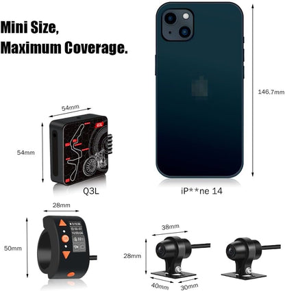 VSYSTO WiFi Motorfiets Dashcam, OLED Display Kabelcontroller, Hoge Snelheid Video Download, Waterdichte 1080P Voor- en Achtercamera, Temperatuurweergave, Fouttrillingswaarschuwing (Q3L)