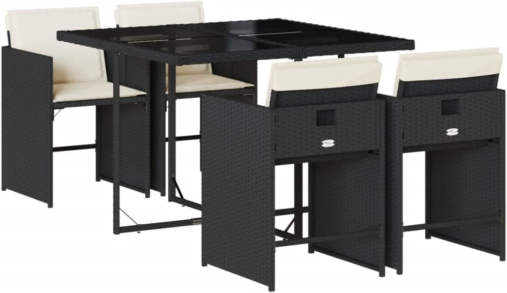 Gecheer 5-delige polyrotan zitgroep, tuingereedschap voor 4 personen, rotan tuinmeubelset, balkonmeubelset, balkon lounge, tuingarnituur set, tuintafelset, terrasmeubelset, kussens, zwart - QUORE