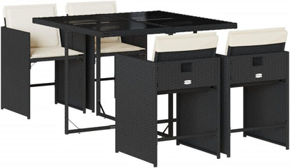 Gecheer 5-delige polyrotan zitgroep, tuingereedschap voor 4 personen, rotan tuinmeubelset, balkonmeubelset, balkon lounge, tuingarnituur set, tuintafelset, terrasmeubelset, kussens, zwart - QUORE