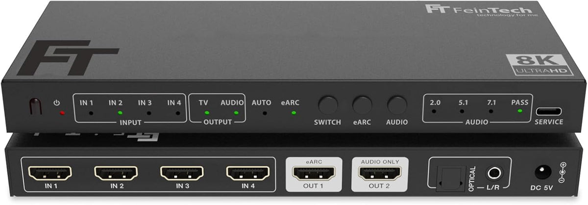 FeinTech SW411 HDMI 2.1 Switch 4-in-1 Out met audio-extractor voor geluidssystemen met HDMI-, Toslink- en AUX-ingang, ondersteunt 4K 120Hz & 8K