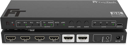 FeinTech SW411 HDMI 2.1 Switch 4-in-1 Out met audio-extractor voor geluidssystemen met HDMI-, Toslink- en AUX-ingang, ondersteunt 4K 120Hz & 8K