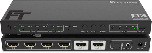 FeinTech SW411 HDMI 2.1 Switch 4-in-1 Out met audio-extractor voor geluidssystemen met HDMI-, Toslink- en AUX-ingang, ondersteunt 4K 120Hz & 8K