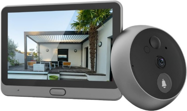 Beveiligingscamera Buiten - Draadloze IP-camera - WLAN-deurbel - met 166° groothoek - PIR-sensor - 2MP - 4.3 inch Kleurenscherm - 4600 mAh - AI Personenherkenning - Twee-weg Videogesprek - Live Weergave - Grijs