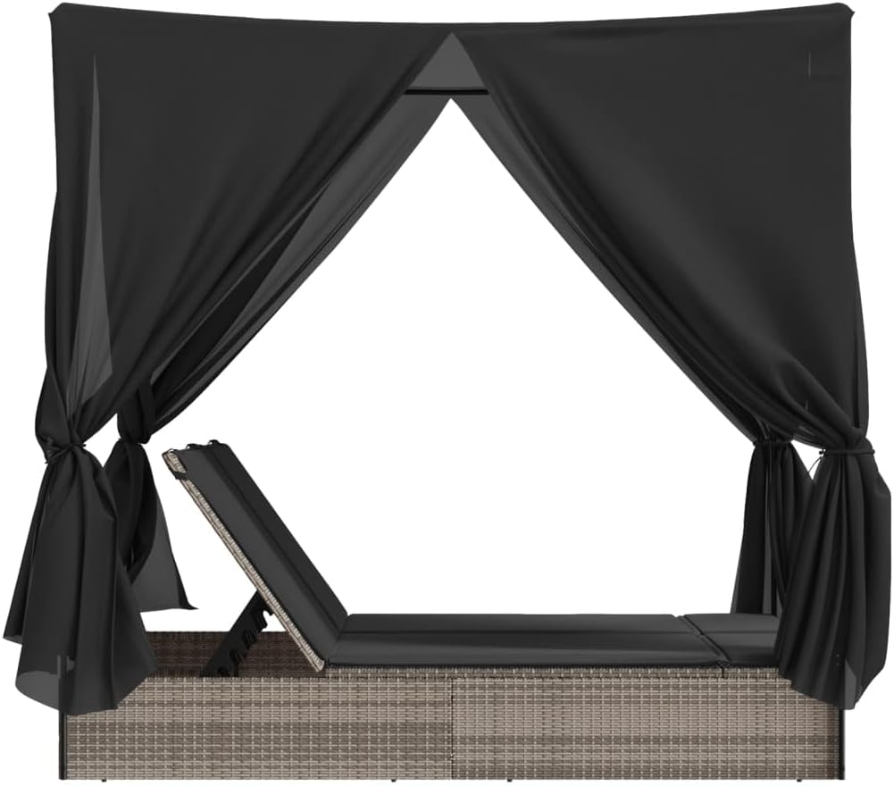 Outdoor Double Sun Lounger with Adjustable Roof and Washable Cushion Made of Weatherproof Synthetic Rattan, for Garden or Patio - QUORE