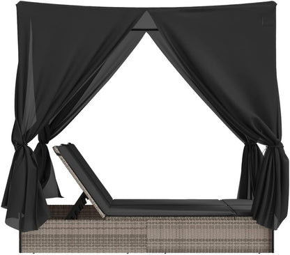 Outdoor Double Sun Lounger with Adjustable Roof and Washable Cushion Made of Weatherproof Synthetic Rattan, for Garden or Patio - QUORE