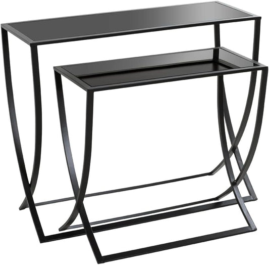 HAKU Bijzettafel set van 2 zwart, Metaal, veiligheidsglas - Maat: B 60/80 cm x H Beistelltisch 2er Set/65 cm x D 30/30 cm, Stijl: Modern