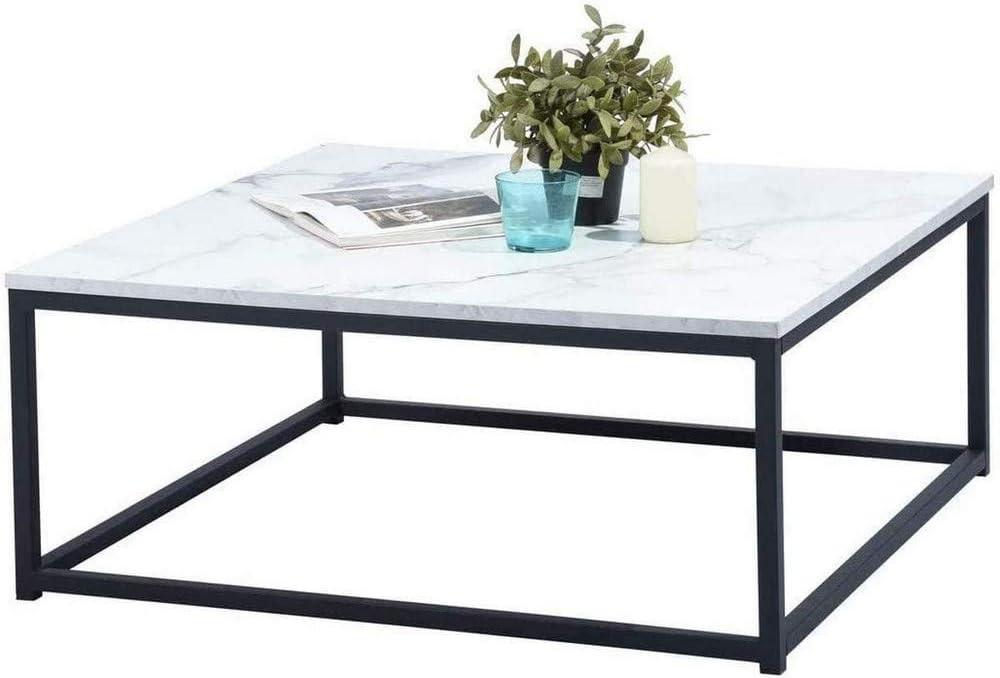 MEUBLE COSY Koffietafels met imitatie marmer-look, moderne vierkante woonkamertafel, met stalen frame, bijzettafel, metaal, zwart, 80x80x34cm