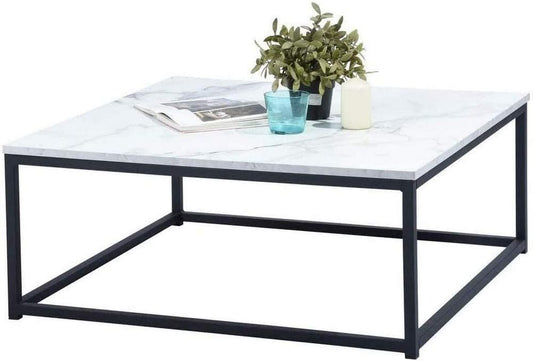 MEUBLE COSY Koffietafels met imitatie marmer-look, moderne vierkante woonkamertafel, met stalen frame, bijzettafel, metaal, zwart, 80x80x34cm
