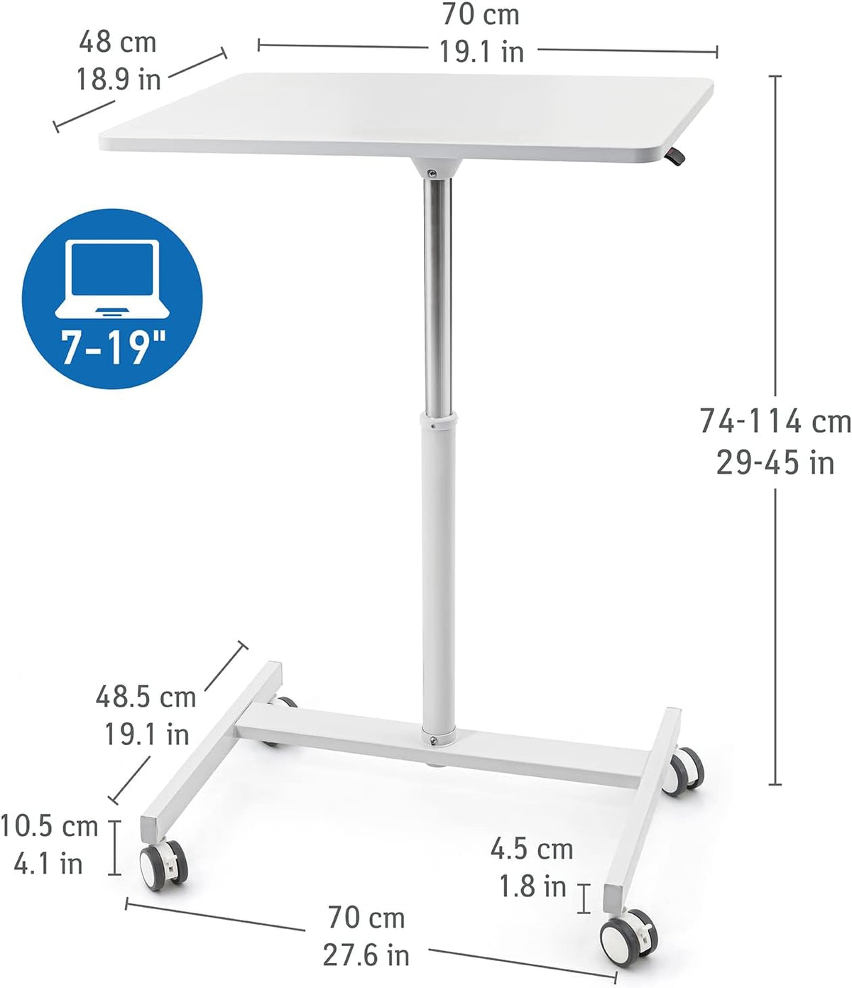 Tatkraft Trend Airlift pneumatisch zit-sta laptopbureau met wielen, verstelbare hoogte 74-114 cm Moeiteloze gasliftregeling, thuiskantoor mobiele laptopstandaard, Wit
