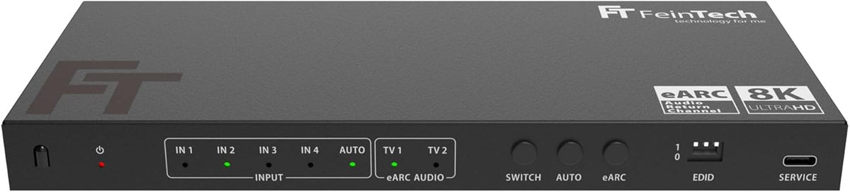 FeinTech AX341 HDMI 2.1 eARC Splitter Switch 4-in-2 Out met audio-extractor (eARC-soundbar, Toslink & AUX), 8K 60Hz, 4K120Hz, Downscaler
