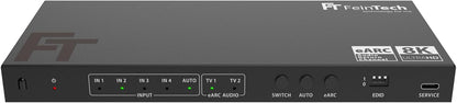 FeinTech AX341 HDMI 2.1 eARC Splitter Switch 4-in-2 Out met audio-extractor (eARC-soundbar, Toslink & AUX), 8K 60Hz, 4K120Hz, Downscaler