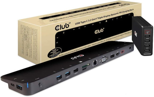 CLUB3D Type C 3.2 Gen1 Triple Display Dynamic PD Charging Dock 100W PD oplader CSV-1564W100 zwart