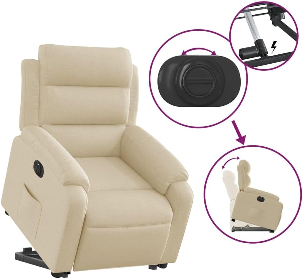 Relaxstoel Met Opstahulp – Elektrische Relaxstoel – Tv-Stoel – Ligstoel – Enkel Ligstoel – Crème Stof – Elektrisch Kantelsysteem – Max 110 Kg Draagvermogen