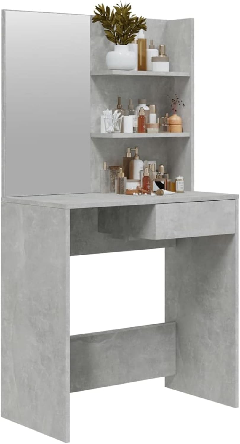 Make-uptafel met spiegel – Kaptafel – Schoonheidstafel – Make-up bureau – Dressing tafel – Stevig multiplex – Ruime opbergruimte – Beton grijs – 74,5x40x141 cm