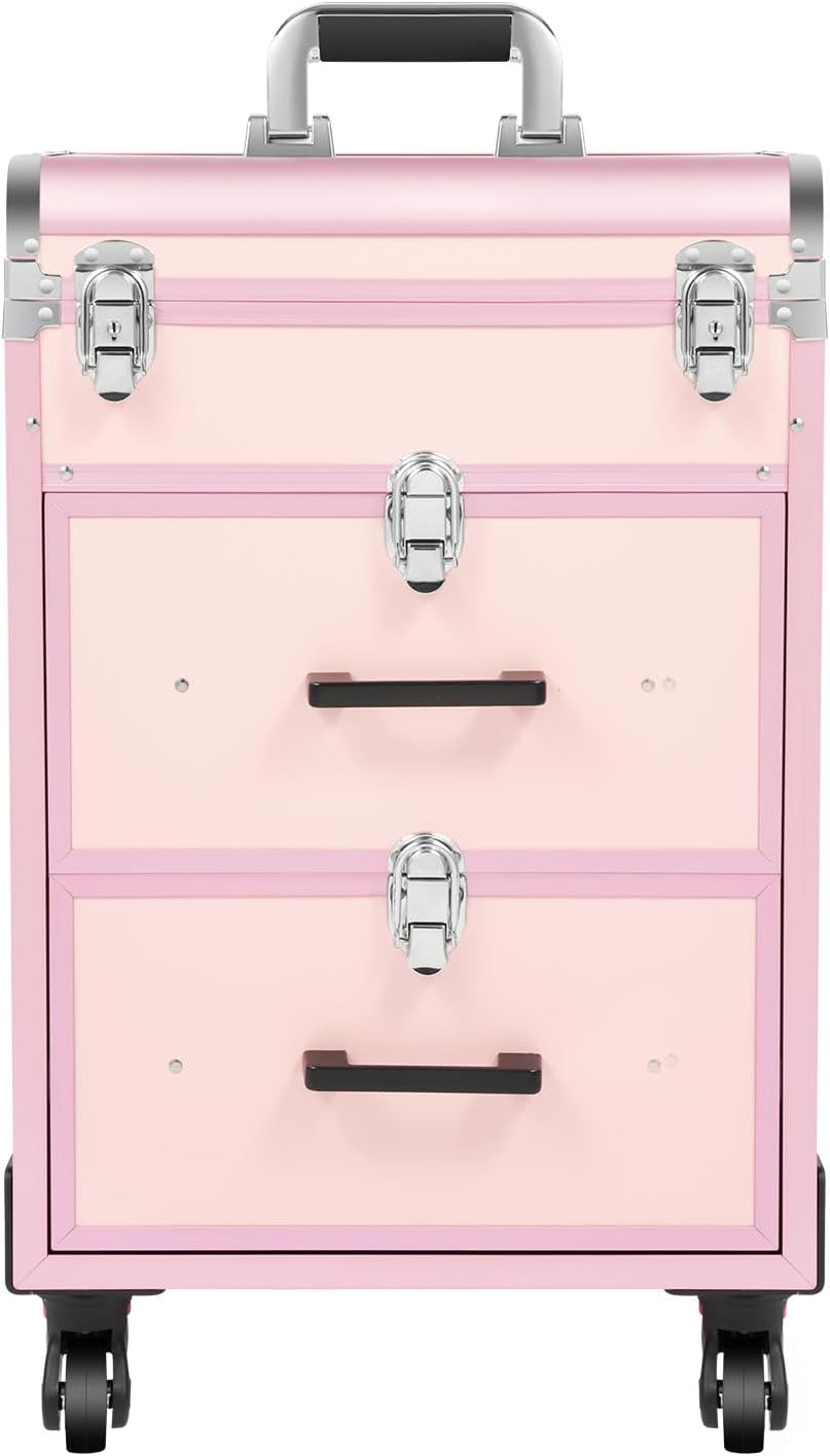 OUKANING Cosmetic Case Trolley 40 Compartments + 2 Drawers 50 kg Load Capacity 4 Universal Wheels & Locks for Make-Up Hairdressing Supplies Low Noise, pink, modern - QUORE