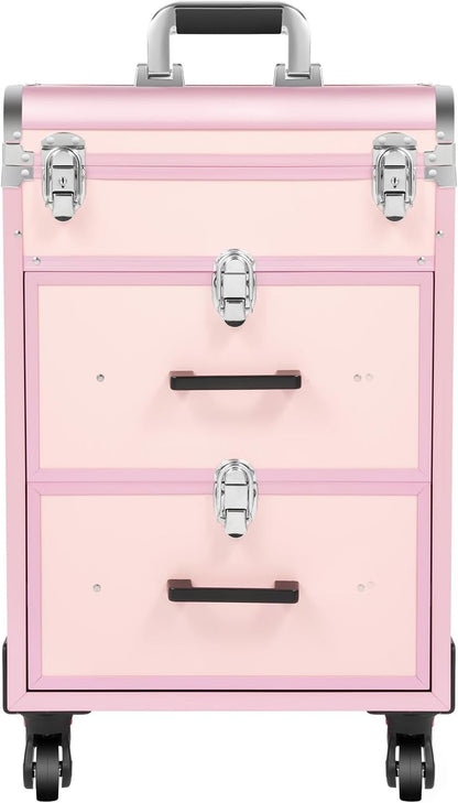 OUKANING Cosmetic Case Trolley 40 Compartments + 2 Drawers 50 kg Load Capacity 4 Universal Wheels & Locks for Make-Up Hairdressing Supplies Low Noise, pink, modern - QUORE