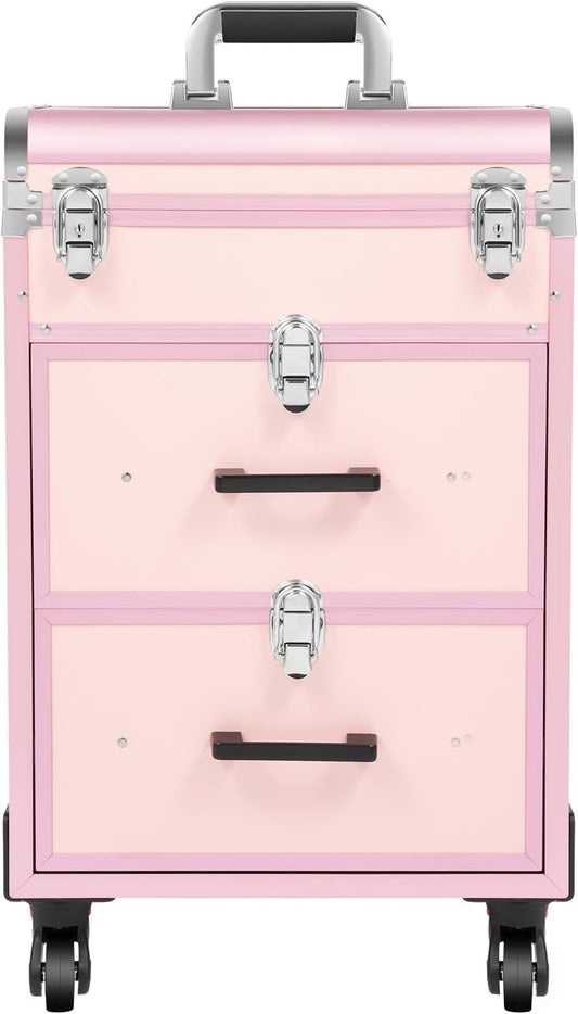 OUKANING Cosmetic Case Trolley 40 Compartments + 2 Drawers 50 kg Load Capacity 4 Universal Wheels & Locks for Make-Up Hairdressing Supplies Low Noise, pink, modern - QUORE