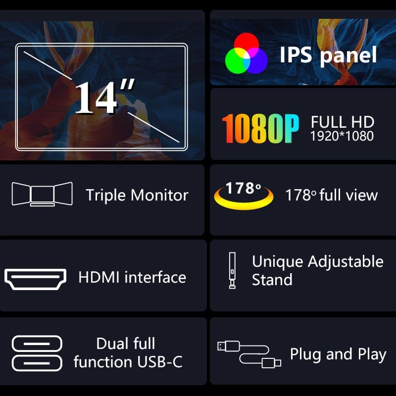 FullHD 1980p IPS 35.6 cm (14") Dual Monitor for Laptop, Dual Screen, Triple Screen for Laptop, Portable Dual Screen Monitor, Compatible with 13-16.5 Inch Windows/Mac/Chrome - QUORE