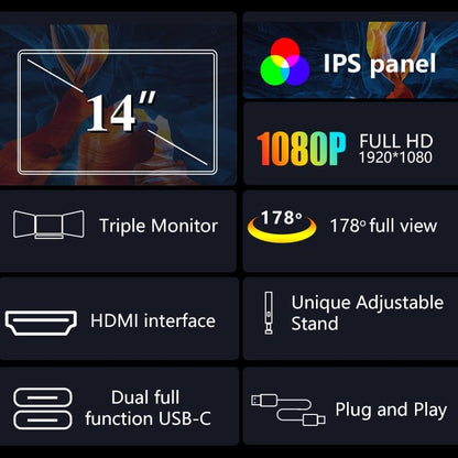 FullHD 1980p IPS 35.6 cm (14") Dual Monitor for Laptop, Dual Screen, Triple Screen for Laptop, Portable Dual Screen Monitor, Compatible with 13-16.5 Inch Windows/Mac/Chrome - QUORE