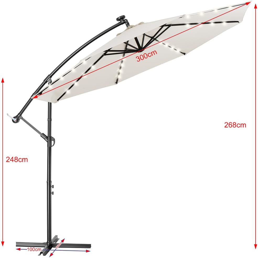 BAKAJI Parasol voor tuin en terras met 32 leds en zonnepaneel, afmetingen 3 x 3 m, inklapbaar, zijmast, gedecentraliseerd staal, kruisvoet van UV-bestendige stof
