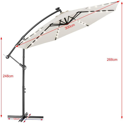 BAKAJI Parasol voor tuin en terras met 32 leds en zonnepaneel, afmetingen 3 x 3 m, inklapbaar, zijmast, gedecentraliseerd staal, kruisvoet van UV-bestendige stof