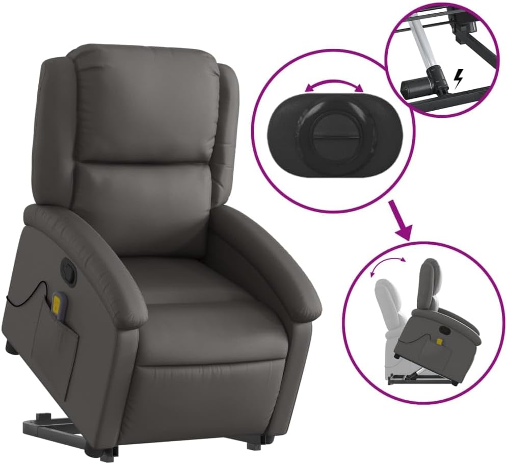 Massagestoel – Verstelbare Fauteuil – Sta-Op Stoel – Relaxstoel – Eenpersoonsstoel – Echt Leer – Elektrische Heffunctie – 6 Vibratie-Massagepunten