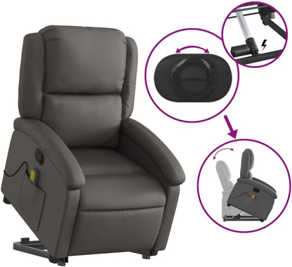 Massagestoel – Verstelbare Fauteuil – Sta-Op Stoel – Relaxstoel – Eenpersoonsstoel – Echt Leer – Elektrische Heffunctie – 6 Vibratie-Massagepunten