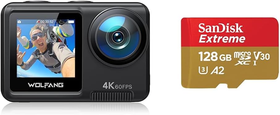 Actie Camera WOLFANG GA420 4K 60FPS 24MP WiFi onderwatercamera, 2x1350mAh batterijen & SanDisk Extreme MicroSDXC UHS-I 128 GB Met SD Adapter (1 Jaar RescuePRO Deluxe, 30 Jaar Garantie) Rood/Goud