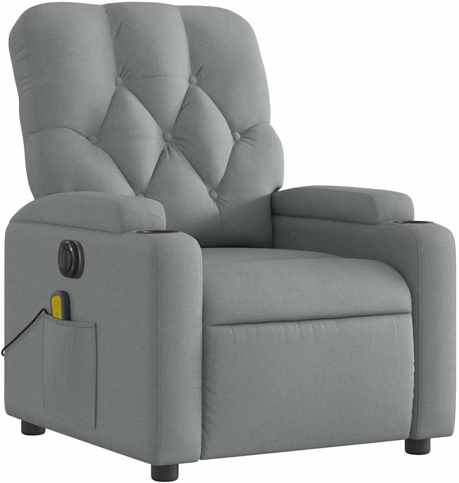 Elektrische Relaxstoel – Relaxfauteuil – Sta-op Stoel – Massagestoel – Ligstoel – 6 Massagepunten – Bekerhouder – Lichtgrijze Stof – Trillingsfunctie – Comfortabele Zitting – Stabiel Frame