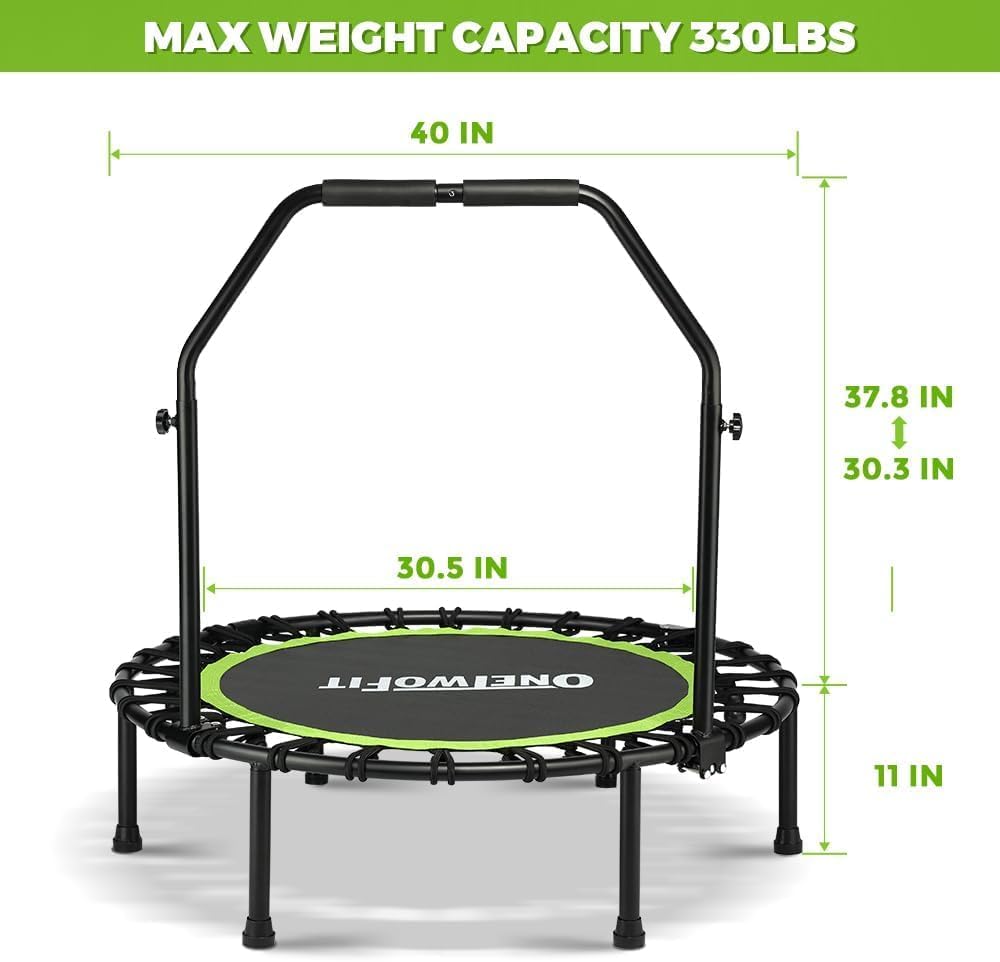 Trampoline – Opvouwbare Trampolinespringer – Fitness Rebounder – Indoor Buitenspeelgoed – Trainingsapparaat – Compact Draagbaar – Stabiel & Stil – Verstelbare Handrail & 8mm Elastische Bungeekoorden - QUORE