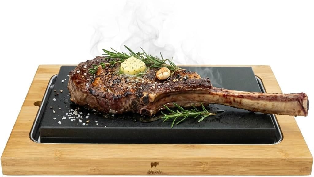 Lavasteen steakbord, extra groot, Hot Stone Stone Grill Set van bamboeplank, lavastone en porseleinen plaat, vlees, vis grillen op hete steen (XXL)