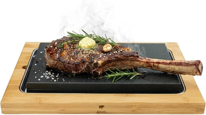 Lavasteen steakbord, extra groot, Hot Stone Stone Grill Set van bamboeplank, lavastone en porseleinen plaat, vlees, vis grillen op hete steen (XXL)