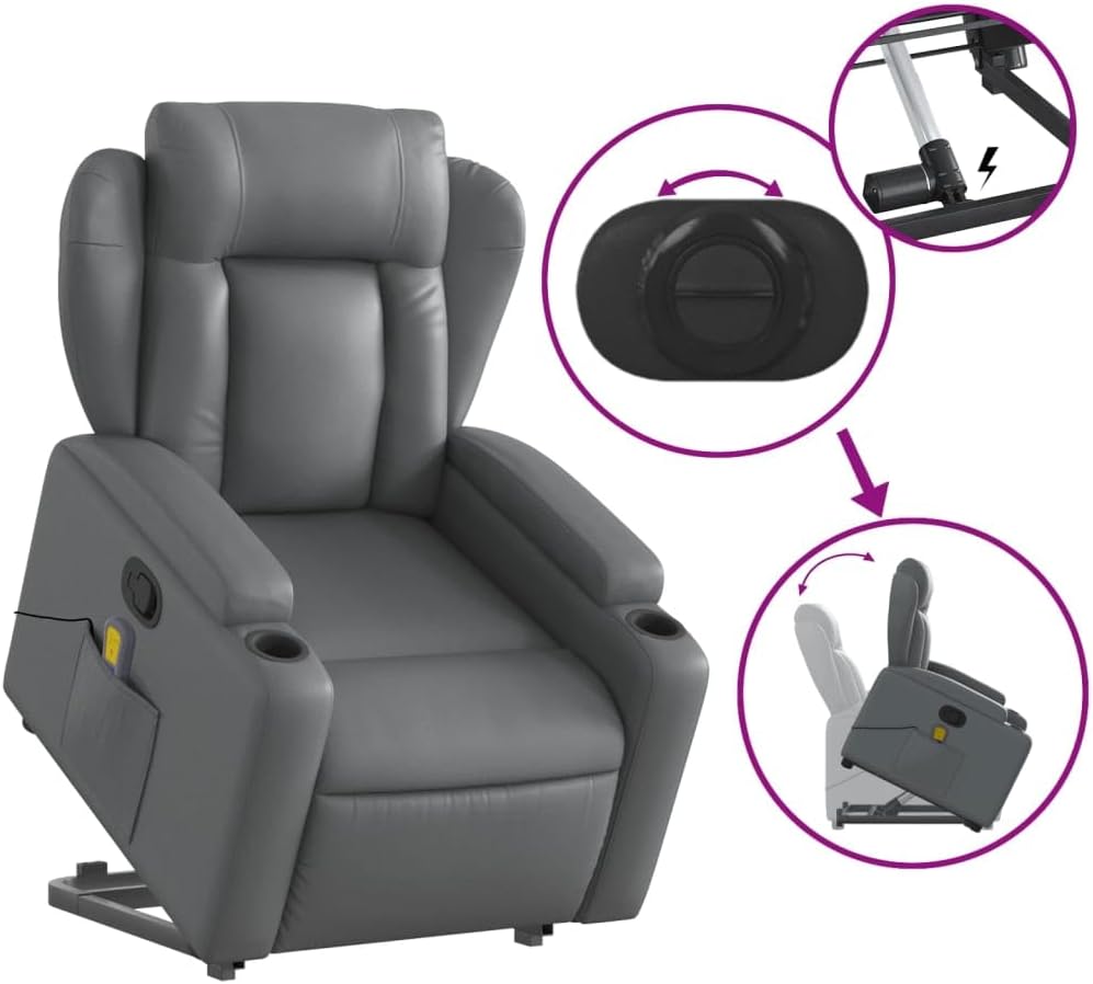 Massagestoel Met Opstahulp – Relaxstoel – Opstastoel – Tv-Stoel – Verstelbare Fauteuil – Grijs Kunstleer – Elektrische Opstahulp – 6-Punts Vibratiemassage