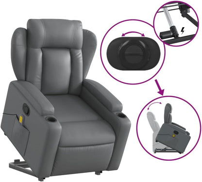 Massagestoel Met Opstahulp – Relaxstoel – Opstastoel – Tv-Stoel – Verstelbare Fauteuil – Grijs Kunstleer – Elektrische Opstahulp – 6-Punts Vibratiemassage