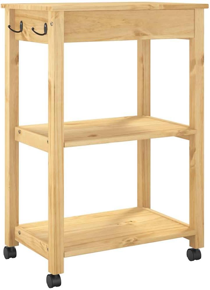 Keukentrolley – Keukenwagen – Opbergwagen – Serveerwagen – Houten Trolley – Massief Dennenhout – 60x40x88,5 cm – 4 Wieltjes Met Remmen