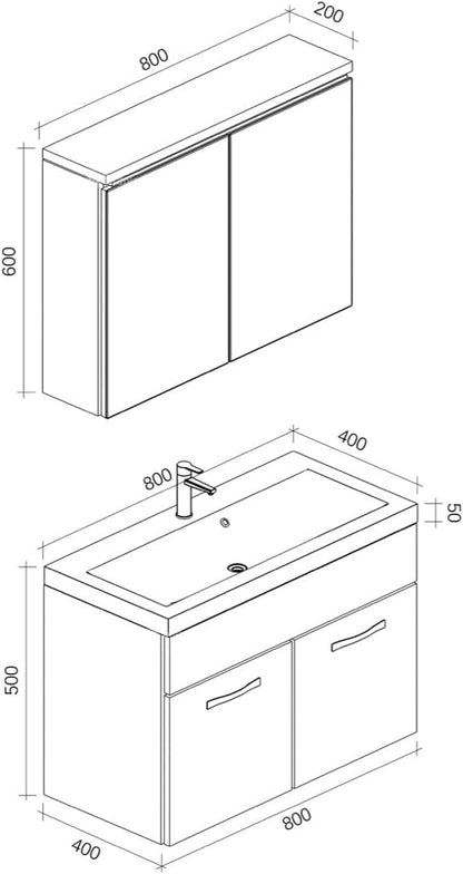 Paso 02 bathroom furniture set, 80 cm, washbasin, matt black, base cabinet, cabinet, sink, mirror cabinet, cabinet - QUORE