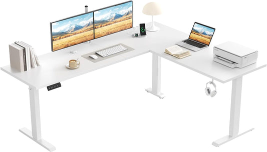 Klicelor L-shaped Electric Adjustable Desk, 190x155cm L Shape Standing Desk with 3 Memory Functions and Anti-collision Technology, Ergonomic Computer Table, White - QUORE