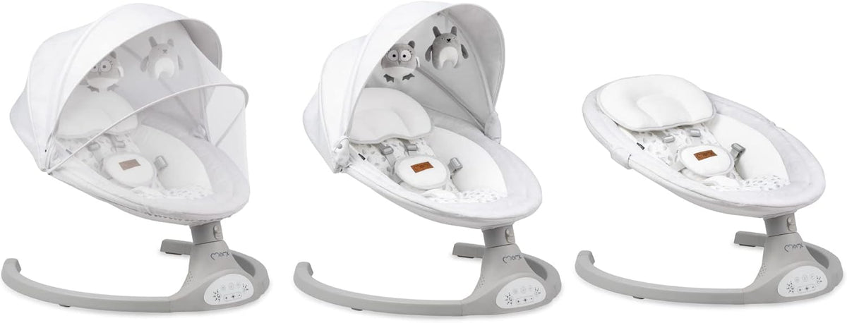MOMI KENANI Rocking Chair for Children up to 9 kg Weight Foldable with Remote Control and Bluetooth for Connecting to Smartphone, Batteries and Mains with 5-Point Safety Belt - QUORE