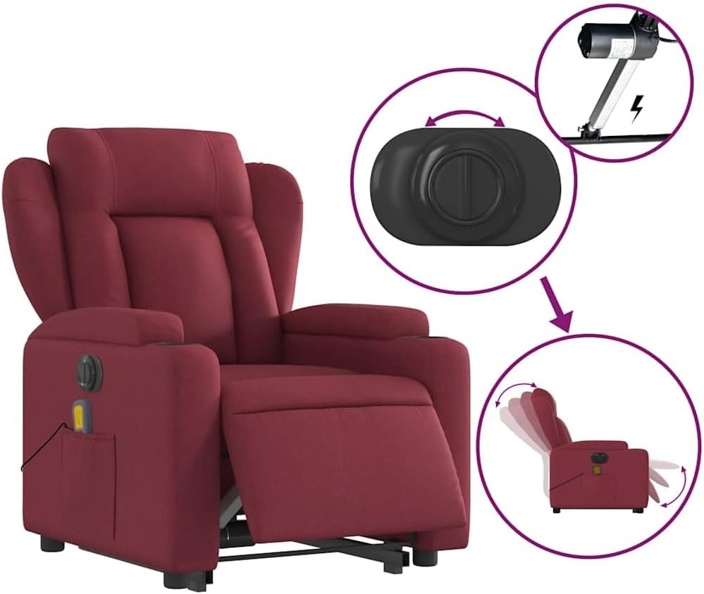 Elektrische Massagestoel – Relaxstoel – Televisiestoel – Massagestoel – Opstahulp – Wijnrode Stof – Elektrische Ligfunctie – 6-Punts Vibratiemassage
