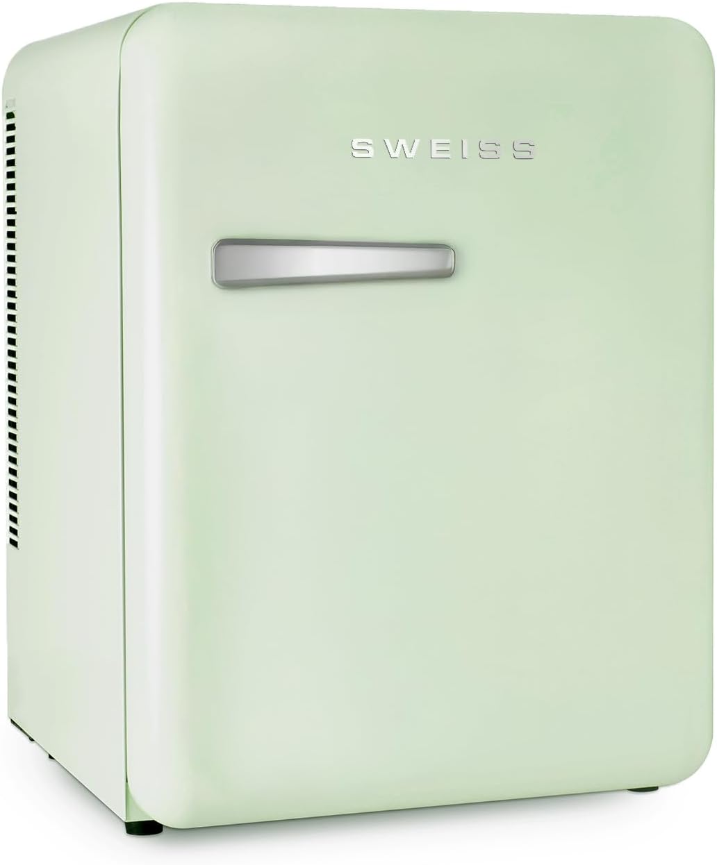 H.Koenig SWEISS Mini-koelkast, retrostijl, wit, vintage, 31 l, compact, voor levensmiddelen, dranken, cosmetica, temperatuur instelbaar 6°-15°C, 24dB, verstelbare poten, groen