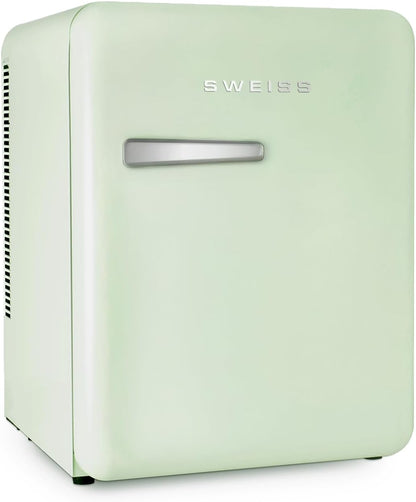 H.Koenig SWEISS Mini-koelkast, retrostijl, wit, vintage, 31 l, compact, voor levensmiddelen, dranken, cosmetica, temperatuur instelbaar 6°-15°C, 24dB, verstelbare poten, groen